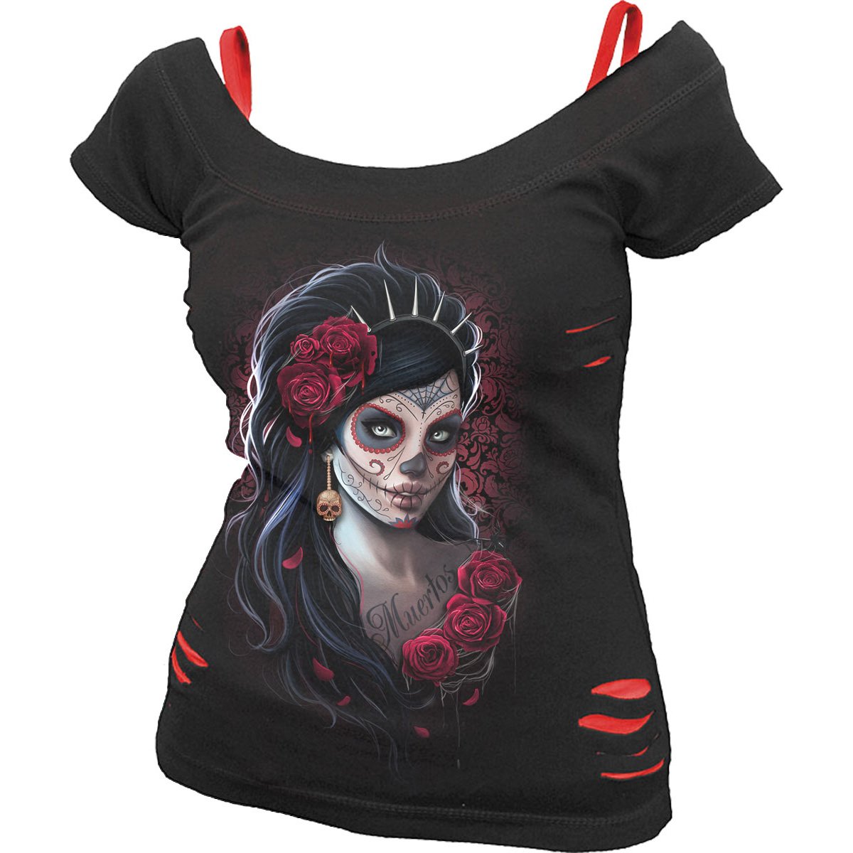 Day Of The Dead gothic Women's 2in1 Red Ripped Top in Red/Black by Spiral Clothing - Front view