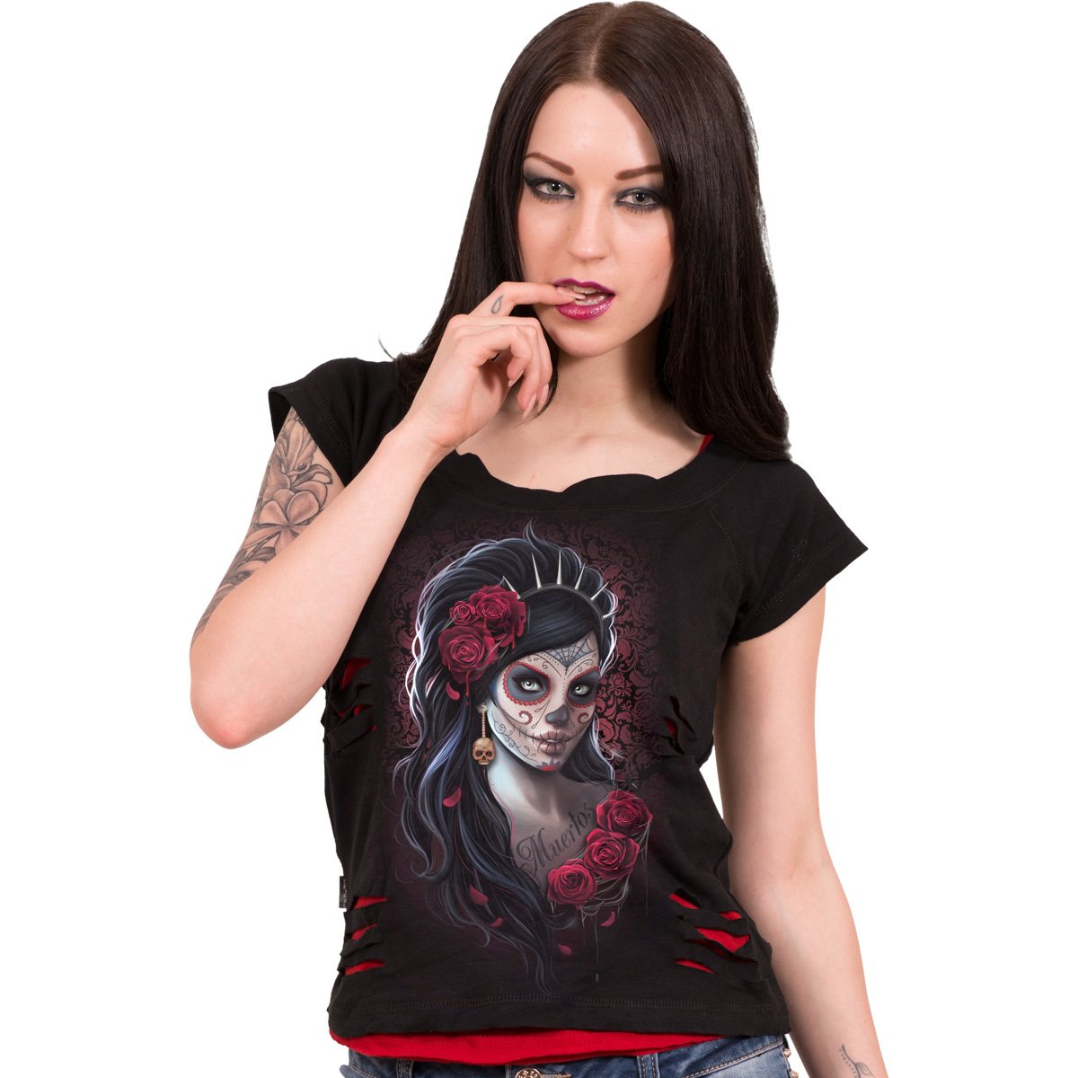 Day Of The Dead gothic  2in1 Red Ripped Top in Red/Black by Spiral Clothing worn by a women