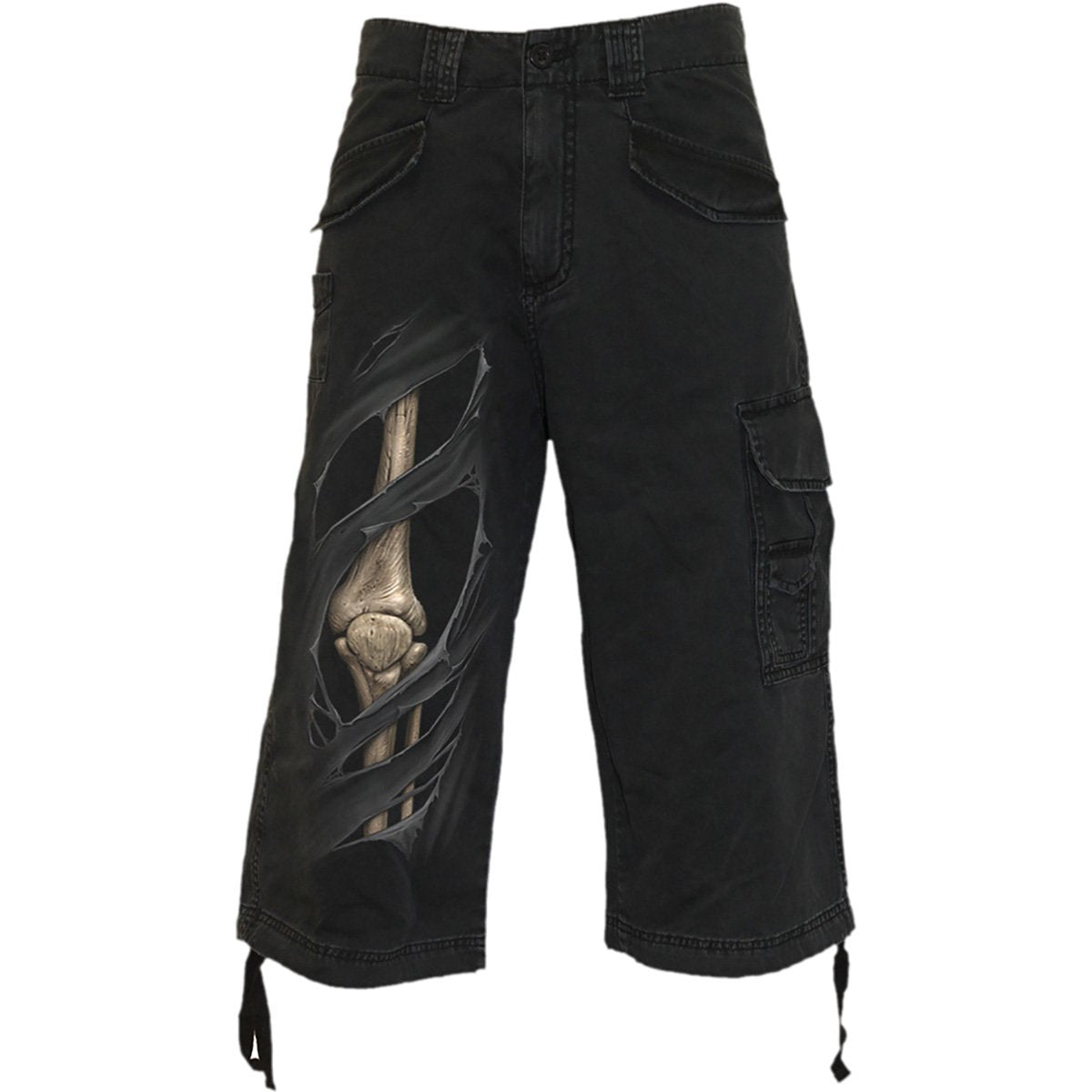 Bone Rips gothic Men's Vintage Cargo Shorts 3/4 Long in Black by Spiral Clothing 