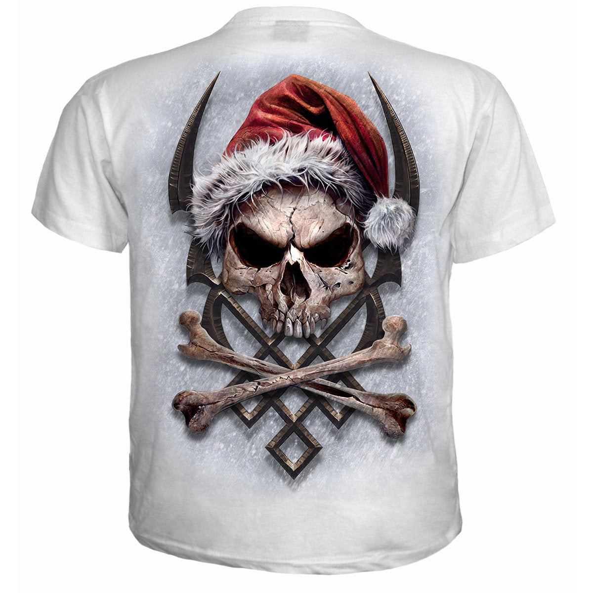 Back view of Rock Santa gothic  T-Shirt in White by Spiral Clothing