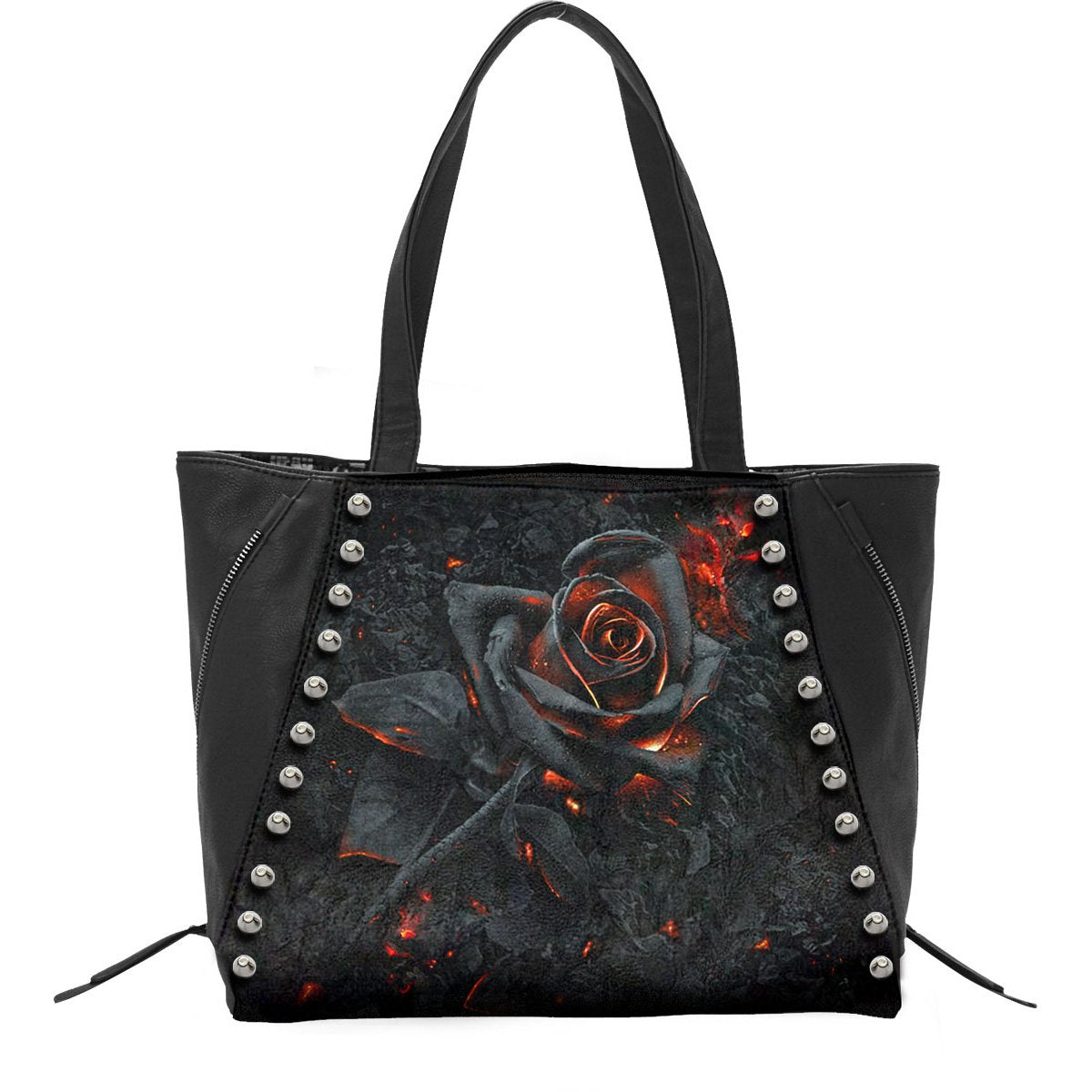 Burnt Rose gothic  Top quality PU Leather Studded Tote Bag in Black by Spiral Clothing - Front view