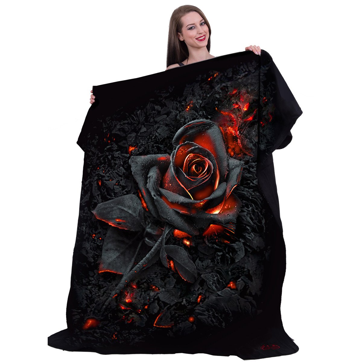 Male model wearing Burnt Rose gothic  Fleece Blanket with Double Sided Print in Black by Spiral Clothing