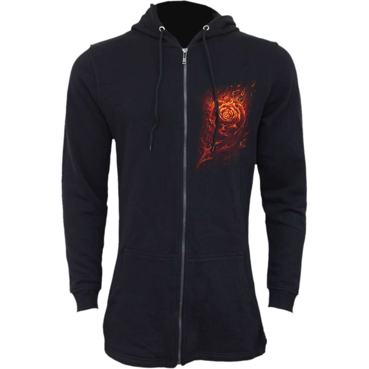 Burnt Rose gothic Women's Ladies Fish Tail Full Zip Hoody - Zip Sleeve in Black by Spiral Clothing - Front view