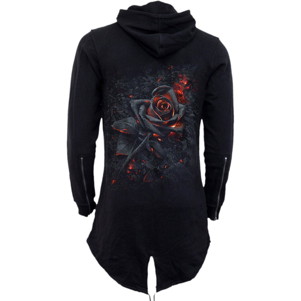 Back view of Burnt Rose gothic  Ladies Fish Tail Full Zip Hoody - Zip Sleeve in Black by Spiral Clothing