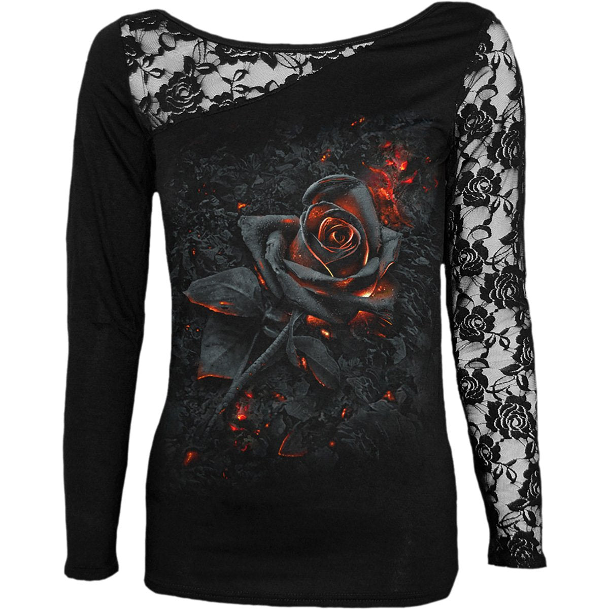 Burnt Rose gothic Women's Lace One-Shoulder Long Sleeve Top in Black by Spiral Clothing - Front view