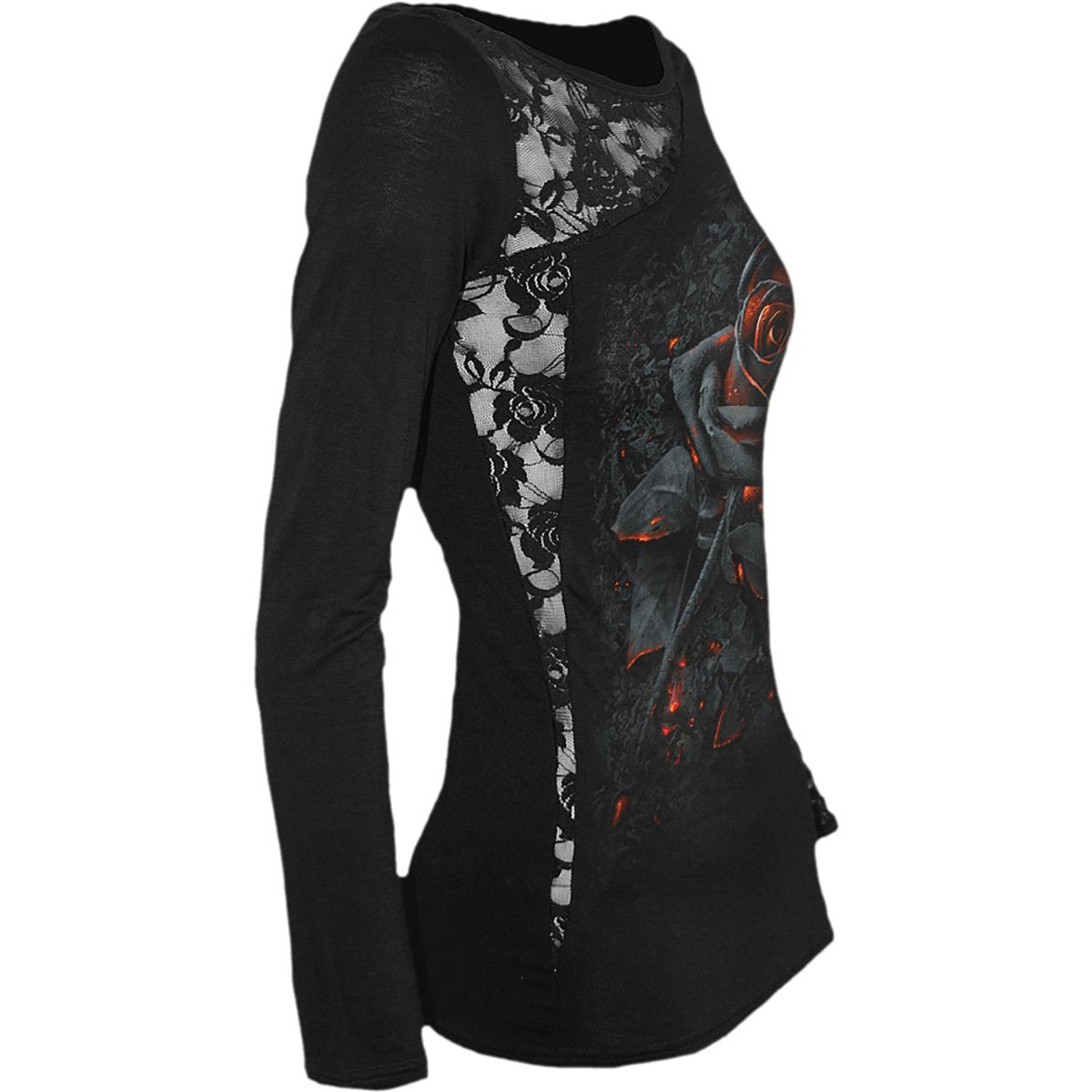 Burnt Rose gothic  Lace One-Shoulder Long Sleeve Top in Black by Spiral Clothing