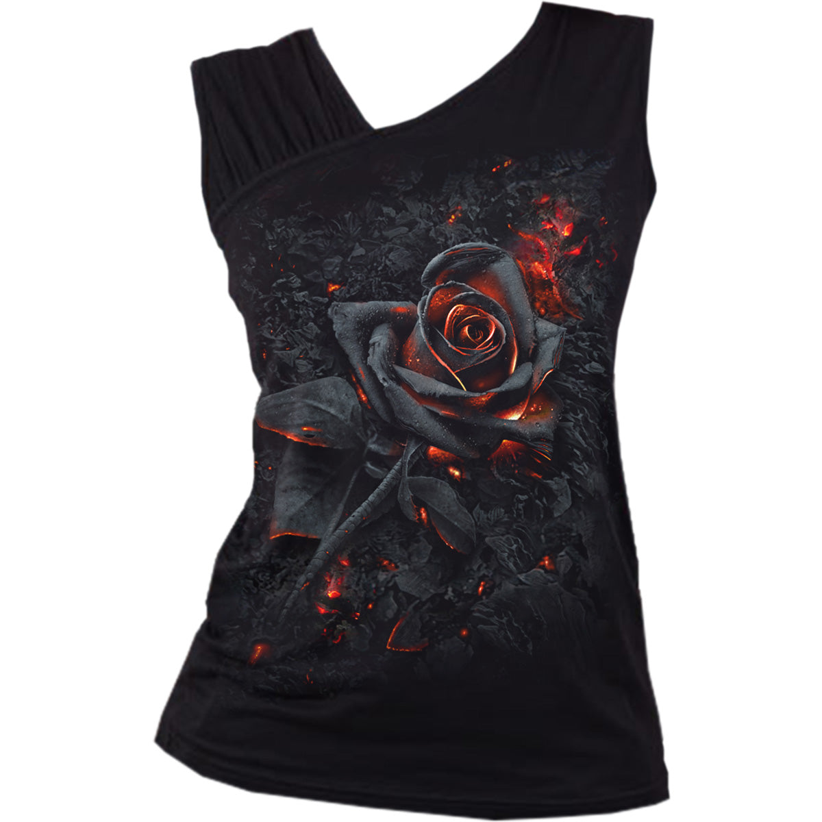 Burnt Rose gothic Women's Gathered Shoulder Slant Vest in Black by Spiral Clothing 