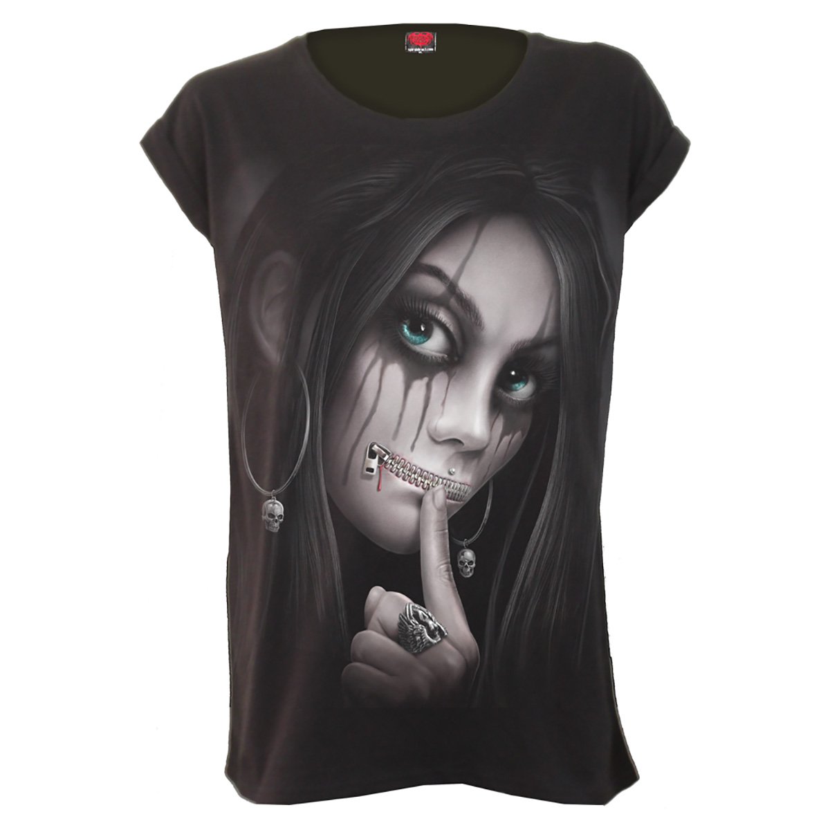 Zipped gothic Women's Turnup Sleeve Loosefit Tee in Black by Spiral Clothing - Front view
