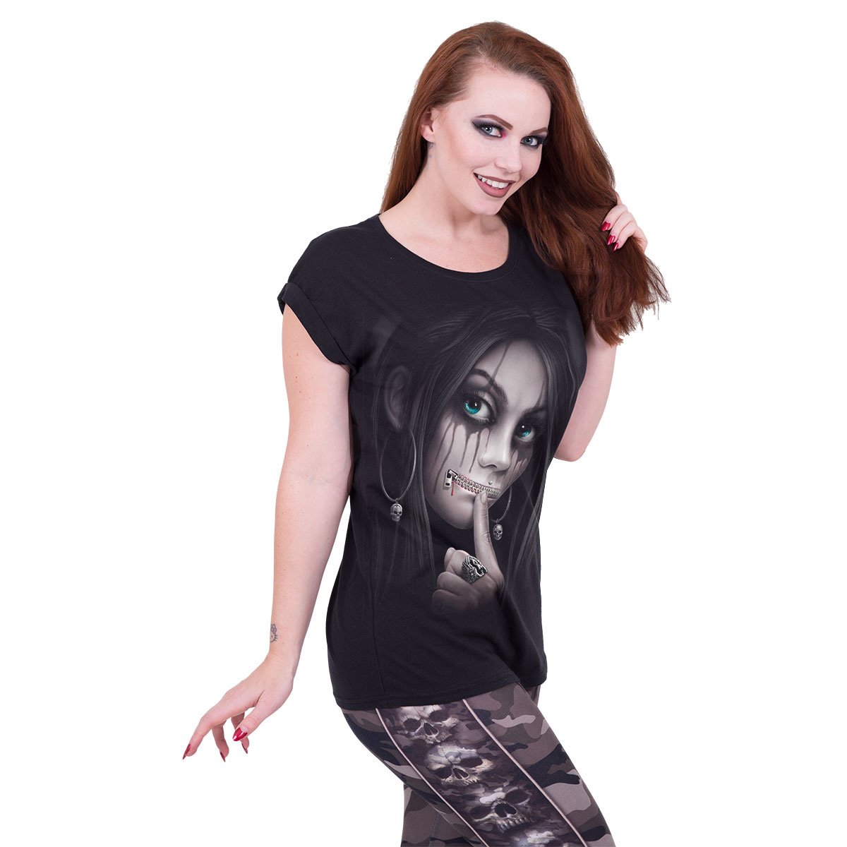 Zipped gothic  Turnup Sleeve Loosefit Tee in Black by Spiral Clothing worn by a women