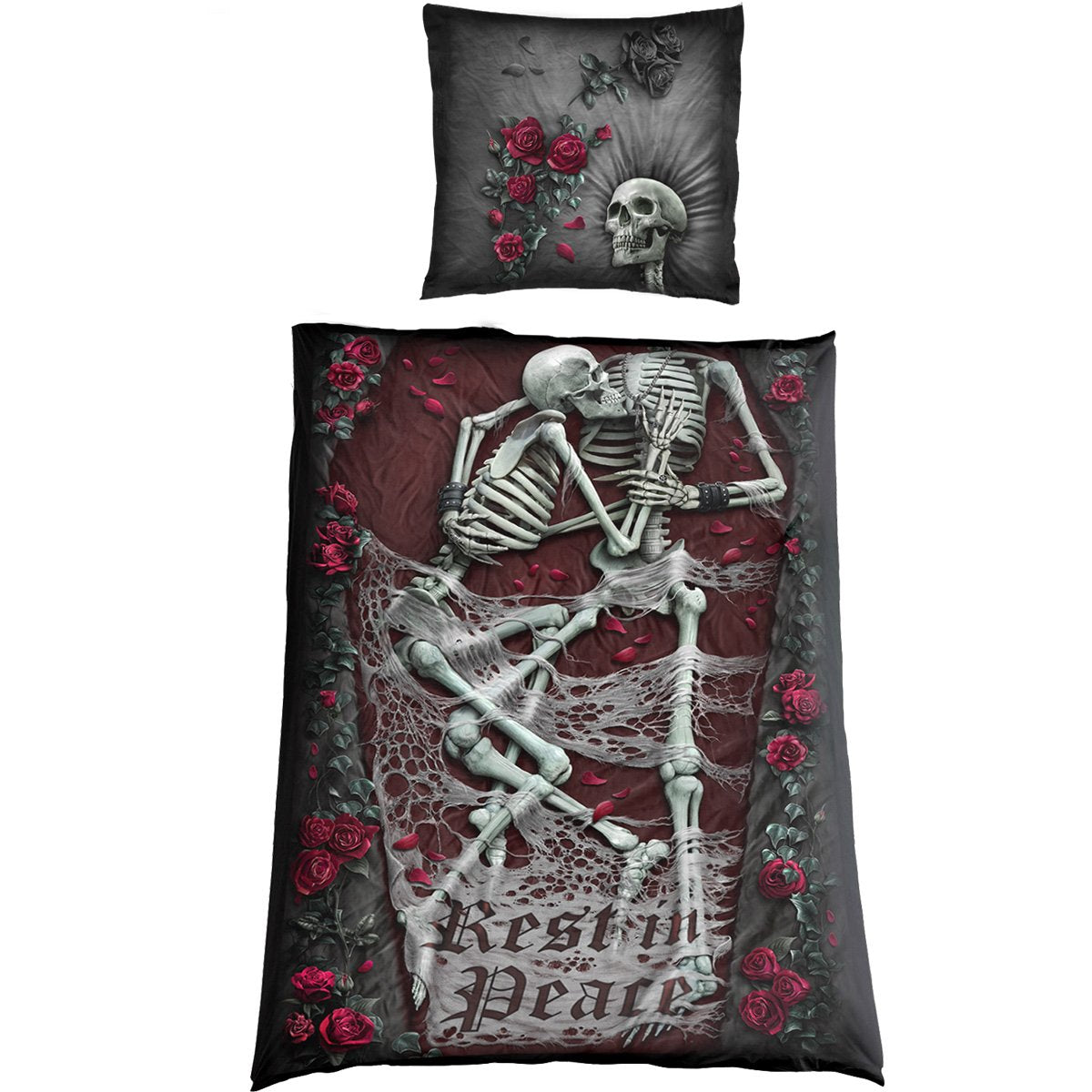 Rest In Peace gothic  Single One Print Bedlinen + EU Pillow in Black by Spiral Clothing 
