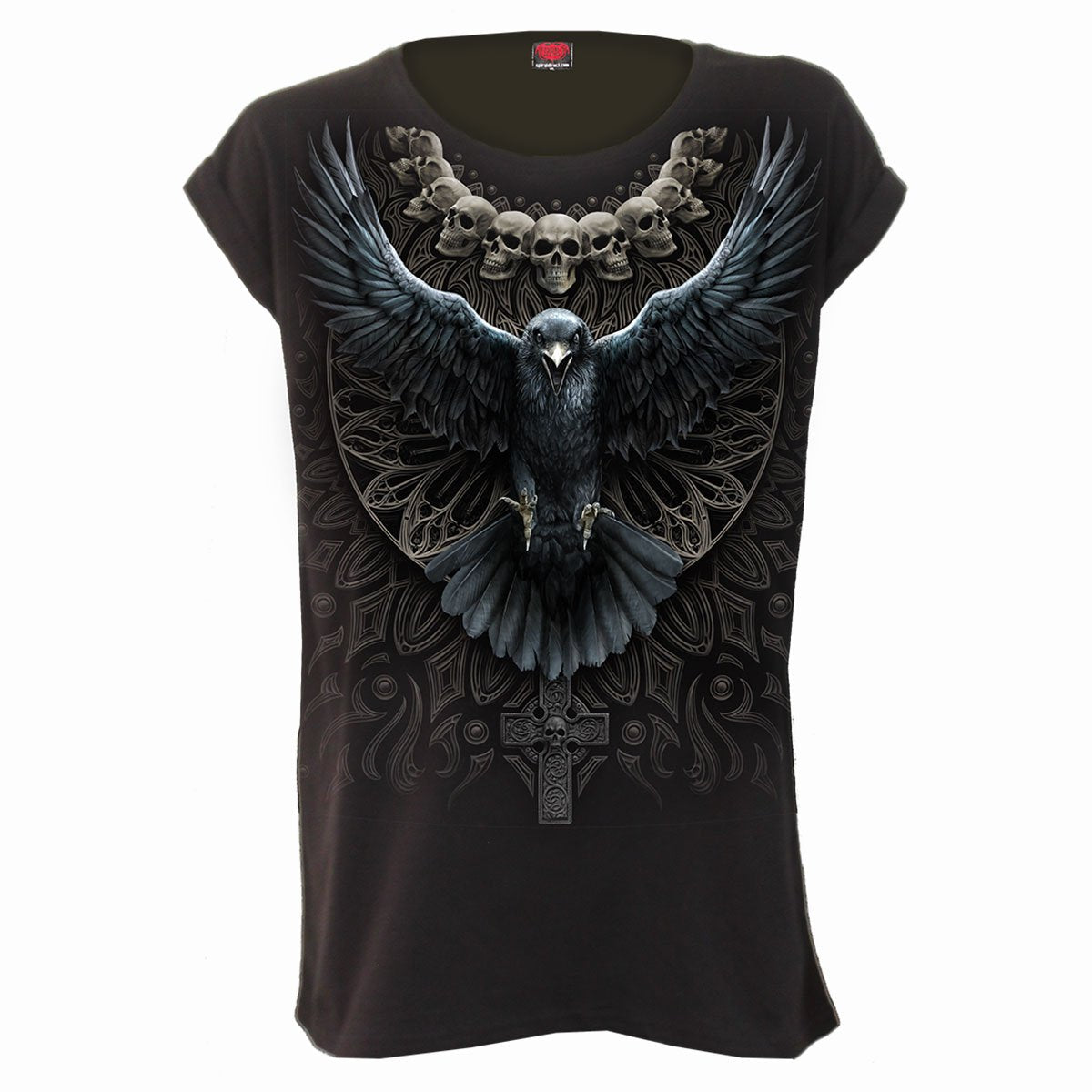Raven Skull gothic Women's Turnup Sleeve Loosefit Tee in Black by Spiral Clothing - Front view