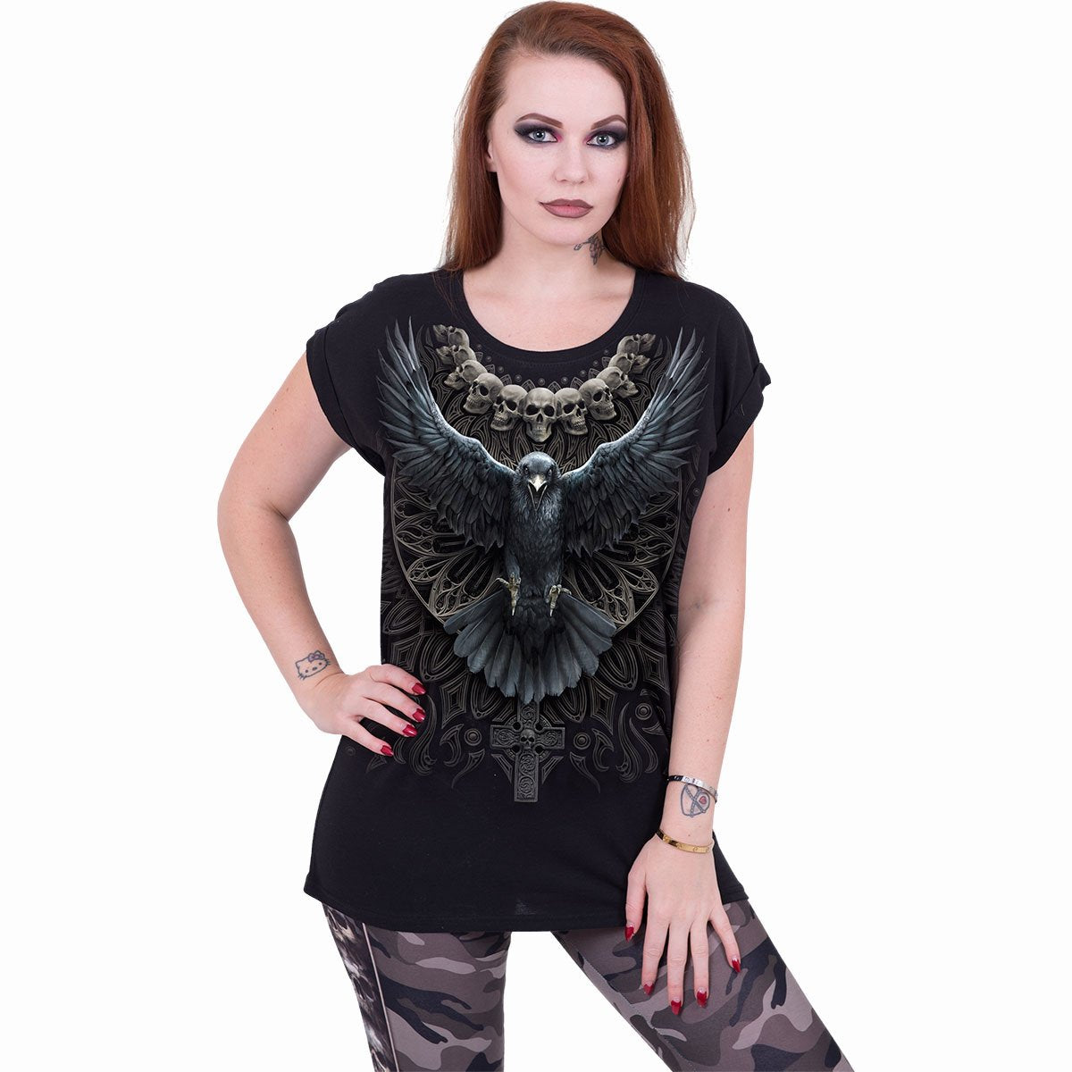 Raven Skull gothic  Turnup Sleeve Loosefit Tee in Black by Spiral Clothing worn by a women