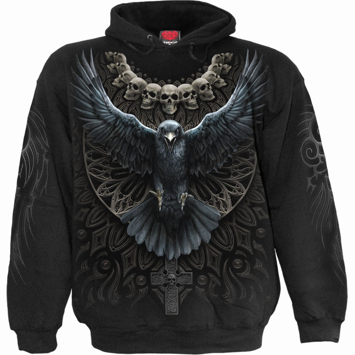 Raven Skull gothic Men's Hoody in Black by Spiral Clothing - Front view