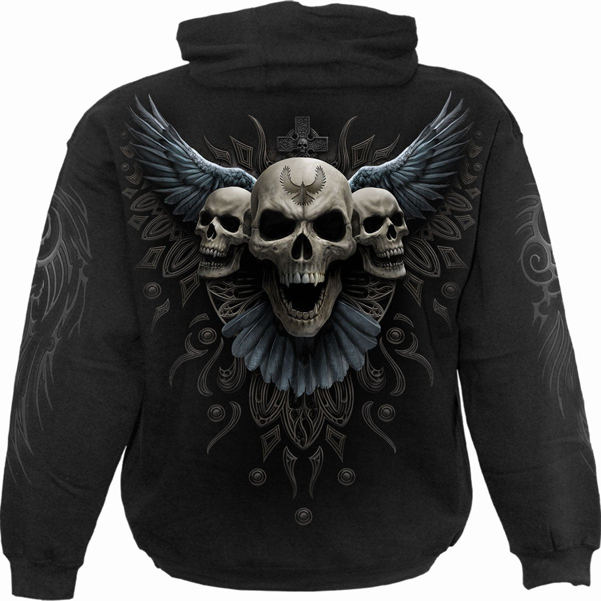 Back view of Raven Skull gothic  Hoody in Black by Spiral Clothing