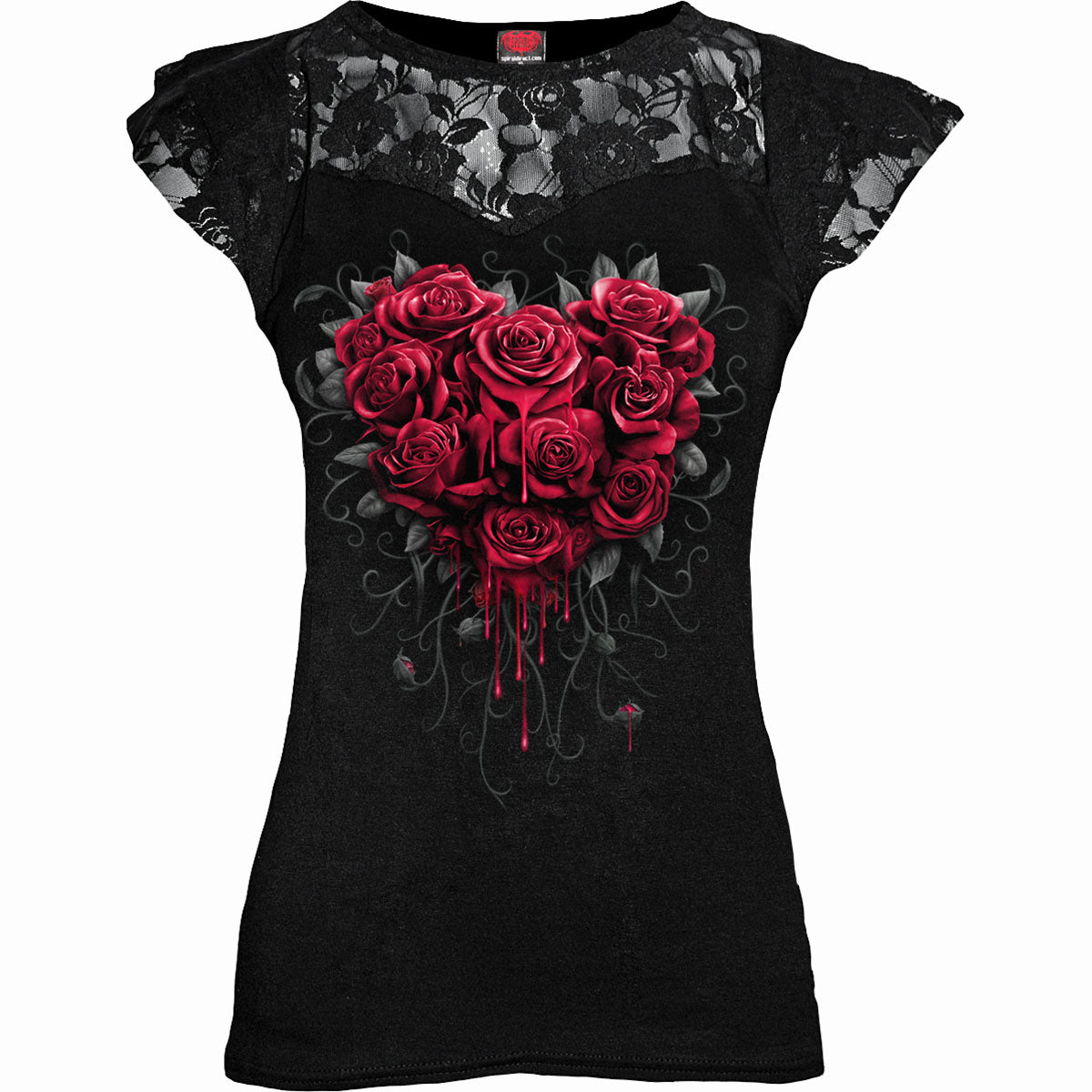 Bleeding Heart gothic Women's Lace Layered Cap Sleeve Top in Black by Spiral Clothing - Front view