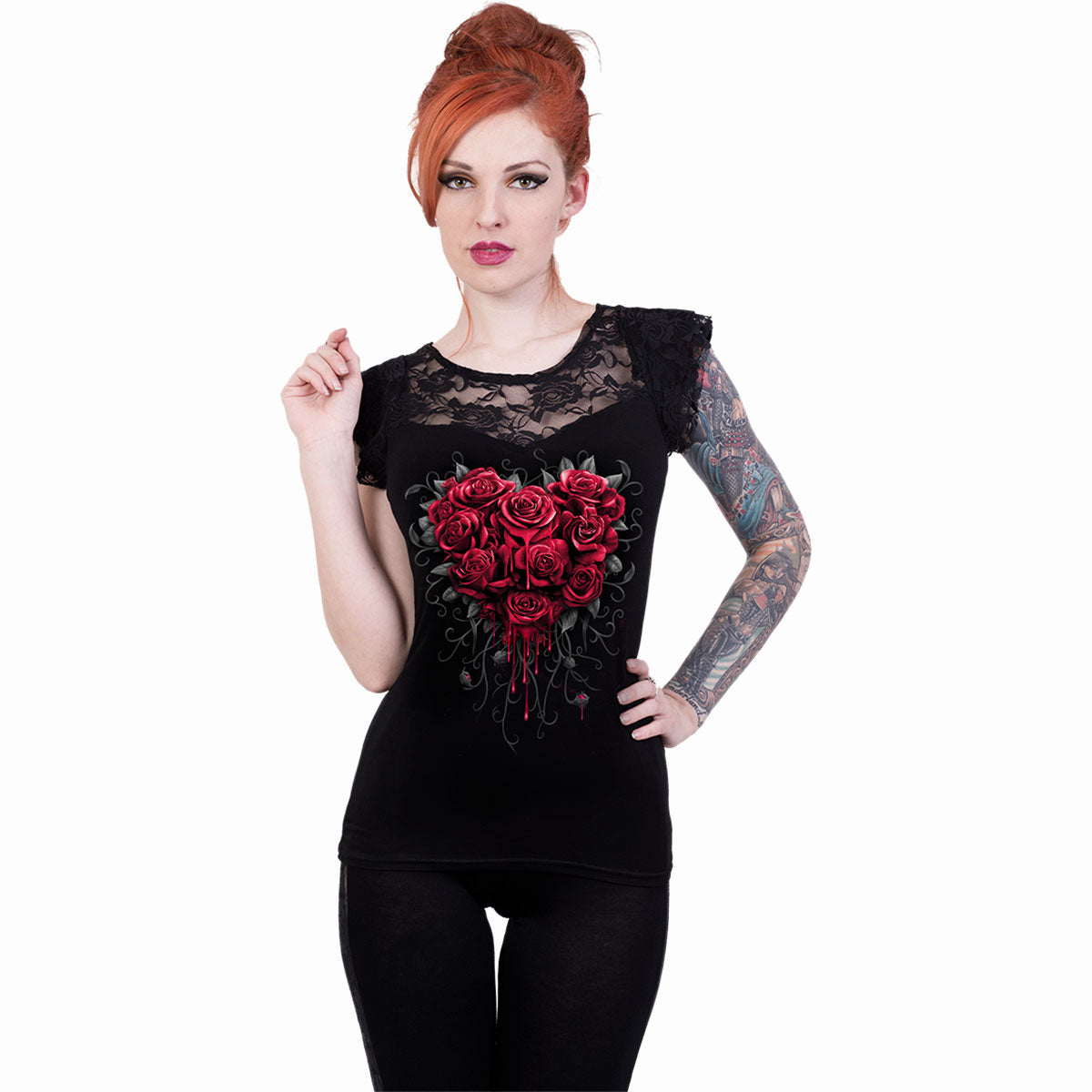 Bleeding Heart gothic  Lace Layered Cap Sleeve Top in Black by Spiral Clothing worn by a women