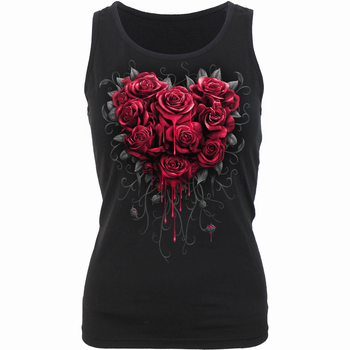Bleeding Heart gothic Women's Razor Back Top in Black by Spiral Clothing - Front view