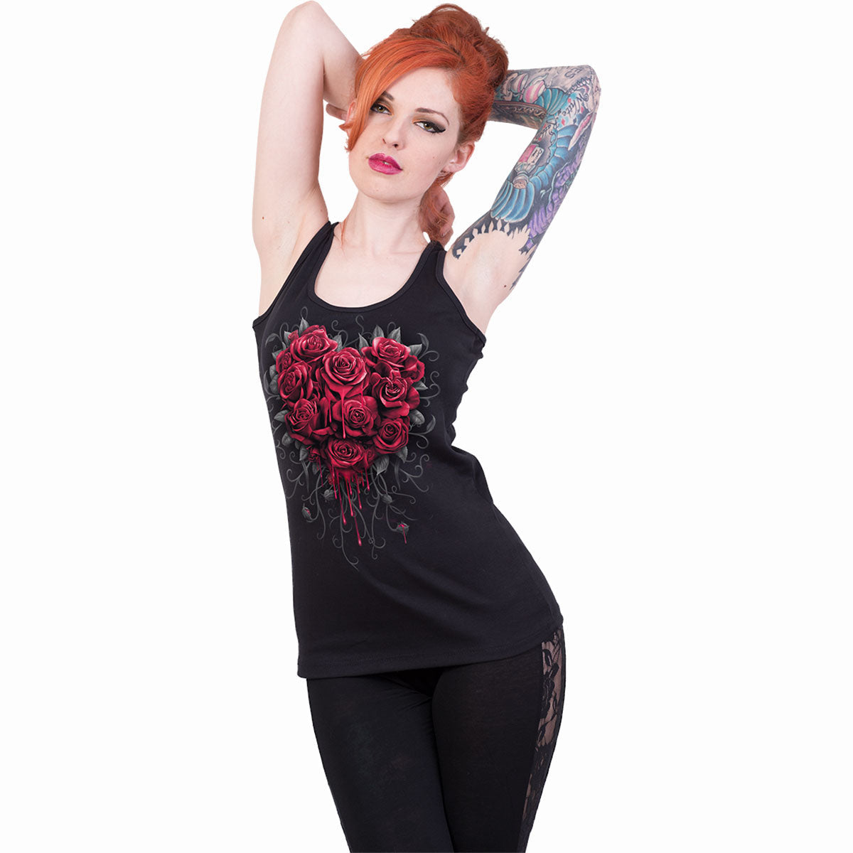 Bleeding Heart gothic  Razor Back Top in Black by Spiral Clothing worn by a women