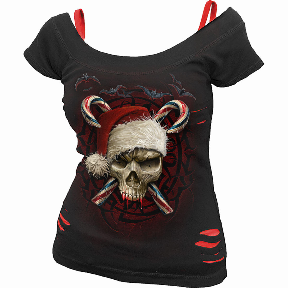 Candy Cane Santa gothic Women's 2in1 Red Ripped Top in Red/Black by Spiral Clothing - Front view