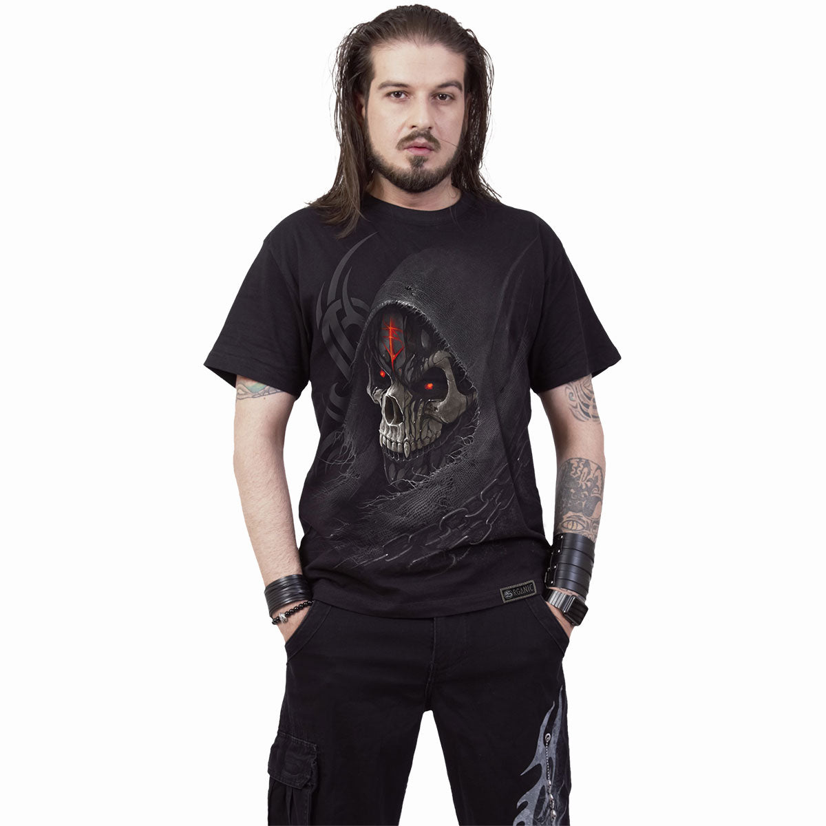Male model wearing Dark Death gothic  Organic T-Shirt in Black by Spiral Clothing