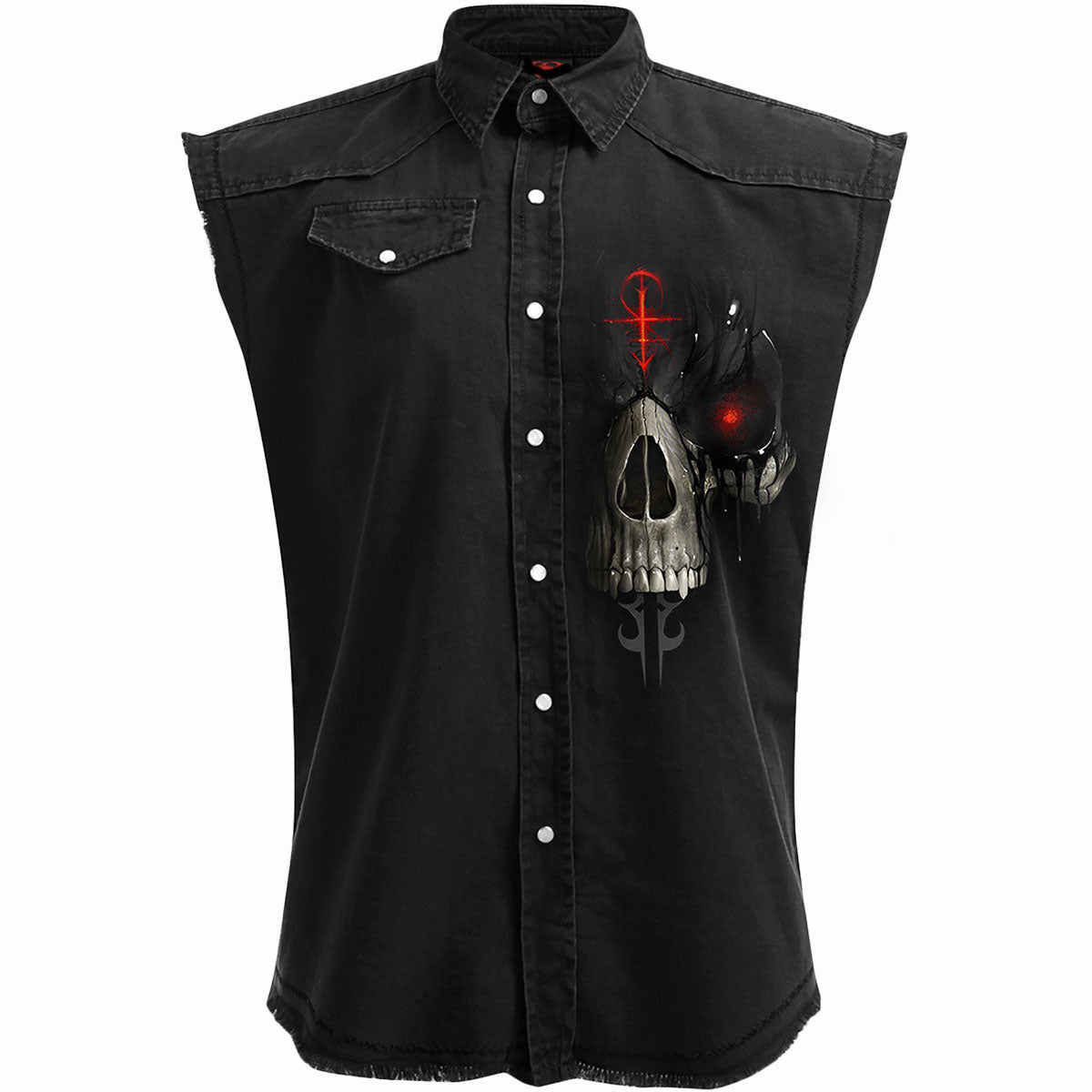 Dark Death gothic Men's Sleeveless Stone Washed Worker Shirt in Black by Spiral Clothing - Front view