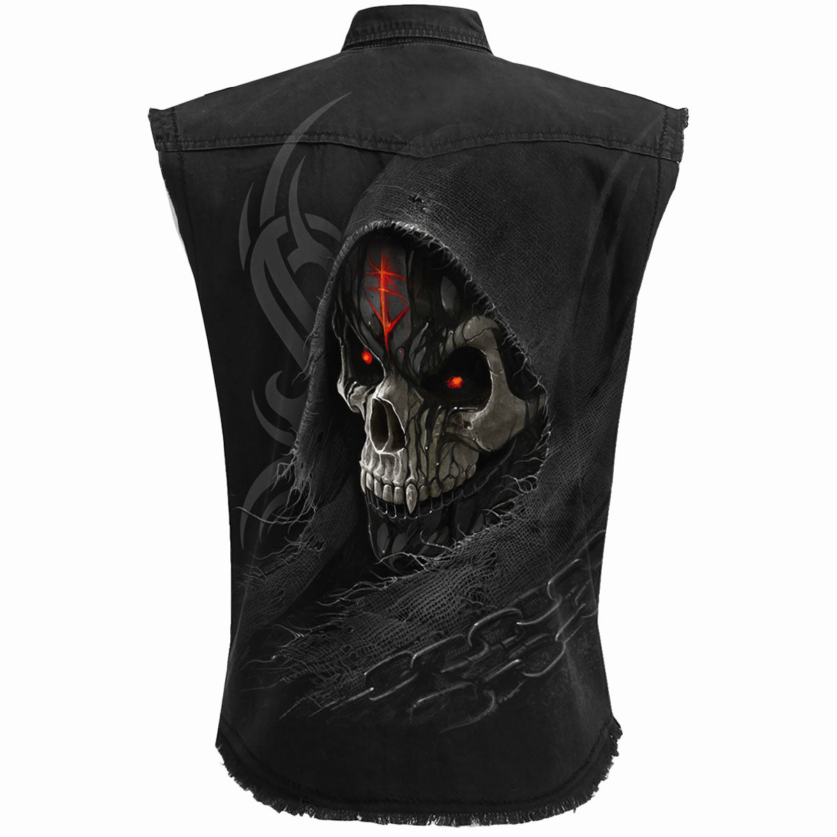 Back view of Dark Death gothic  Sleeveless Stone Washed Worker Shirt in Black by Spiral Clothing