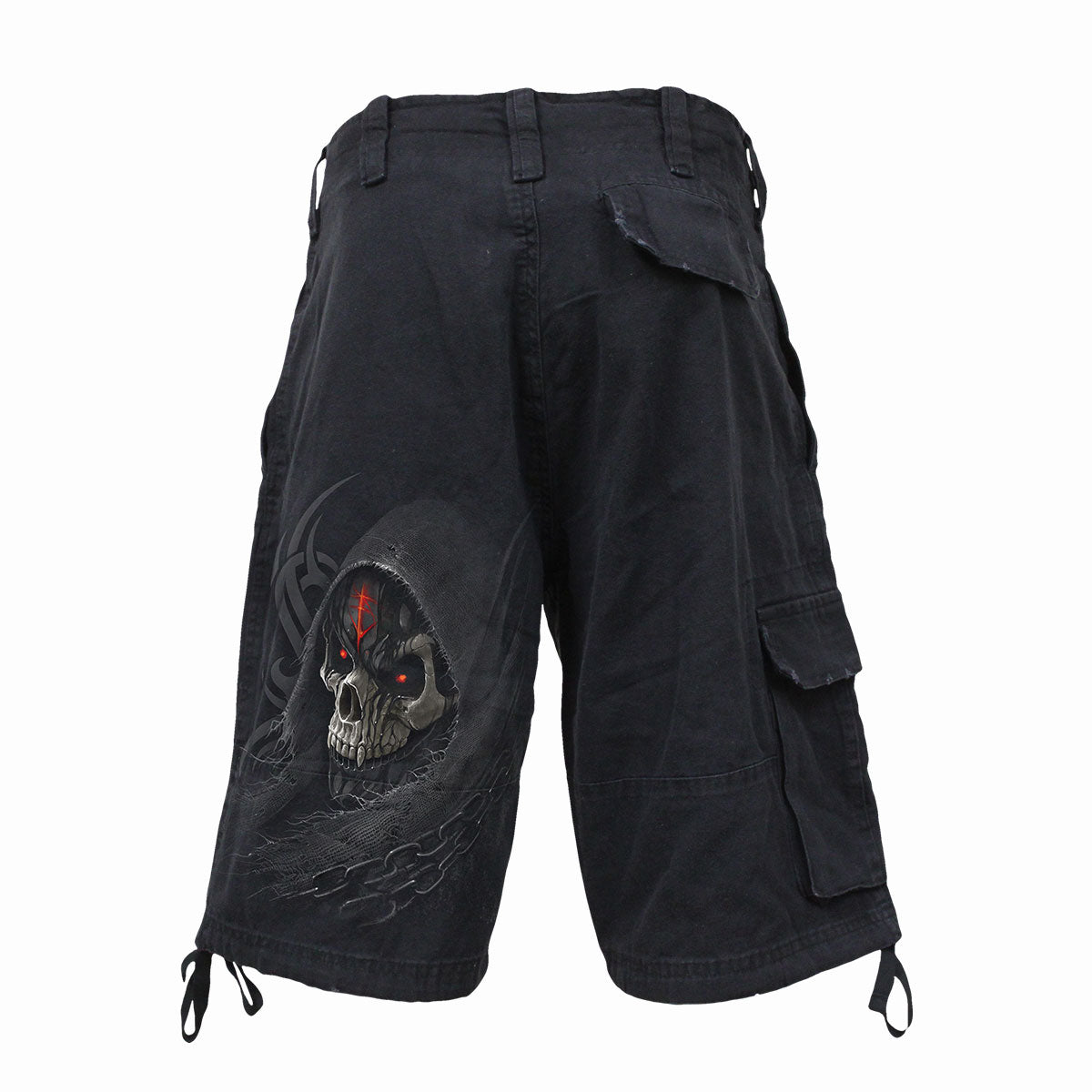 Back view of Dark Death gothic  Vintage Cargo Shorts in Black by Spiral Clothing