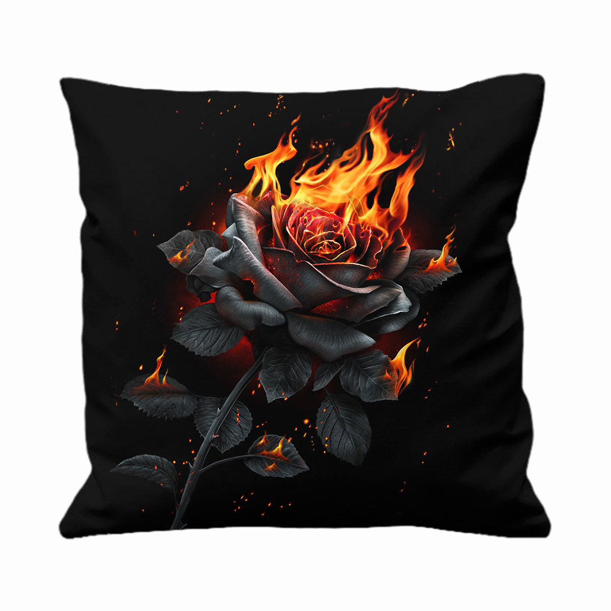 Flaming Rose gothic  Square Cushion in Black by Spiral Clothing 