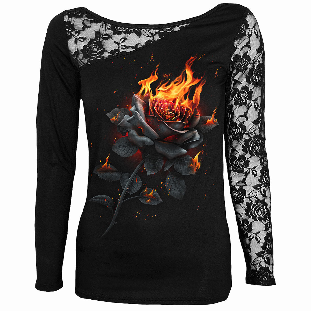 Flaming Rose gothic Women's Lace One-Shoulder Long Sleeve Top in Black by Spiral Clothing - Front view