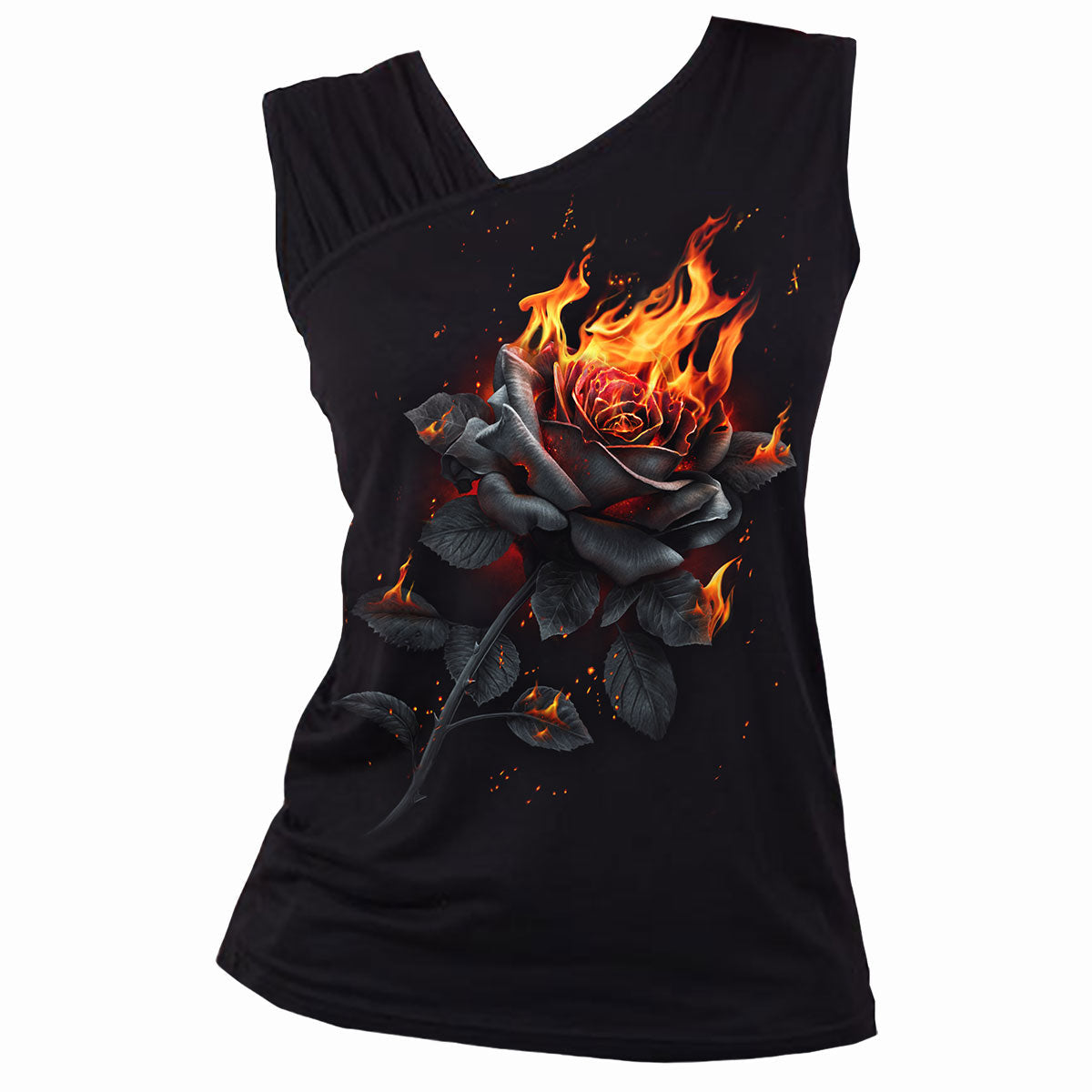 Flaming Rose gothic Women's Gathered Shoulder Slant Vest in Black by Spiral Clothing - Front view