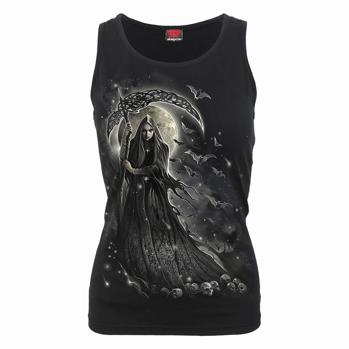 Queen Of Death gothic Women's Razor Back Top in Black by Spiral Clothing - Front view