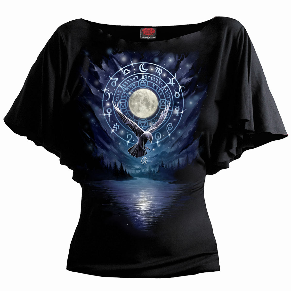 Witchcraft gothic Women's Boat Neck Bat Sleeve Top in Black by Spiral Clothing - Front view