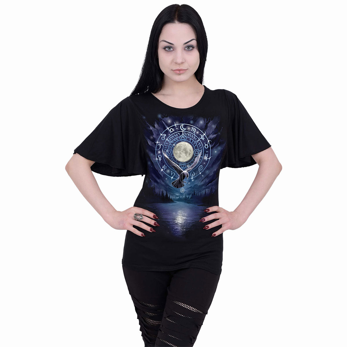 Witchcraft gothic  Boat Neck Bat Sleeve Top in Black by Spiral Clothing worn by a women