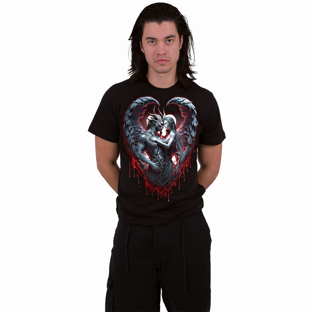 Male model wearing Solemn Vow gothic  Front Print T-Shirt in Black by Spiral Clothing