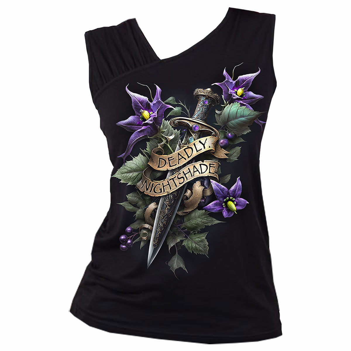 Deadly Nightshade gothic Women's Gathered Shoulder Slant Vest in Black by Spiral Clothing - Front view