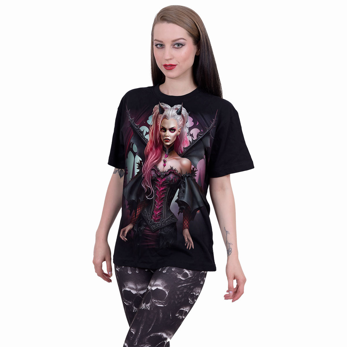The Antibarb gothic  Front Print T-Shirt in Black by Spiral Clothing worn by a women