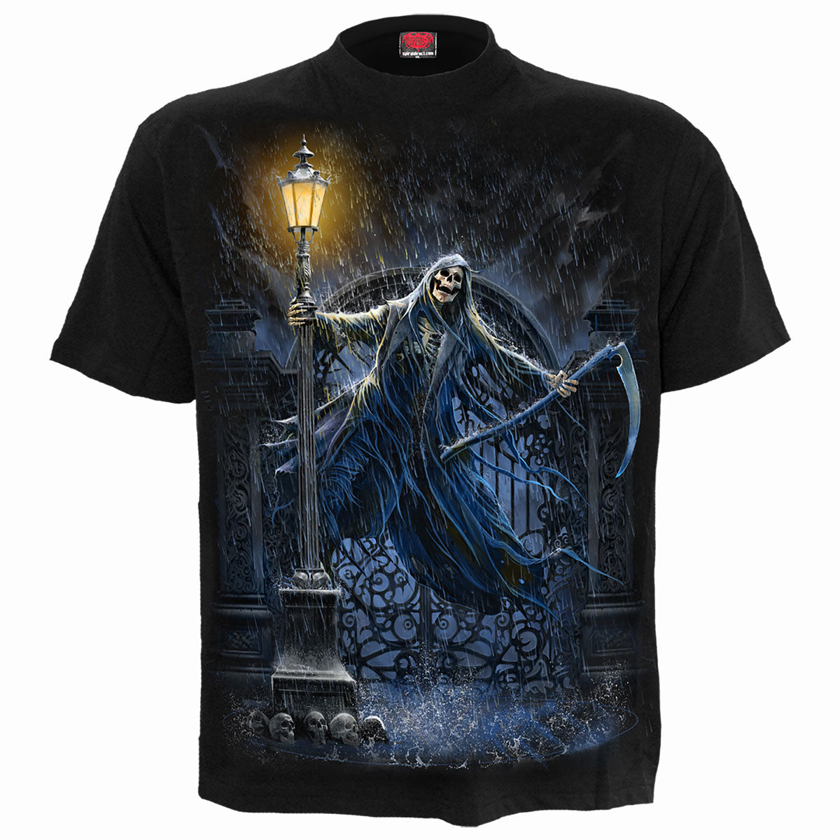Reaping In The Rain gothic Men's T-Shirt in Black by Spiral Clothing - Front view