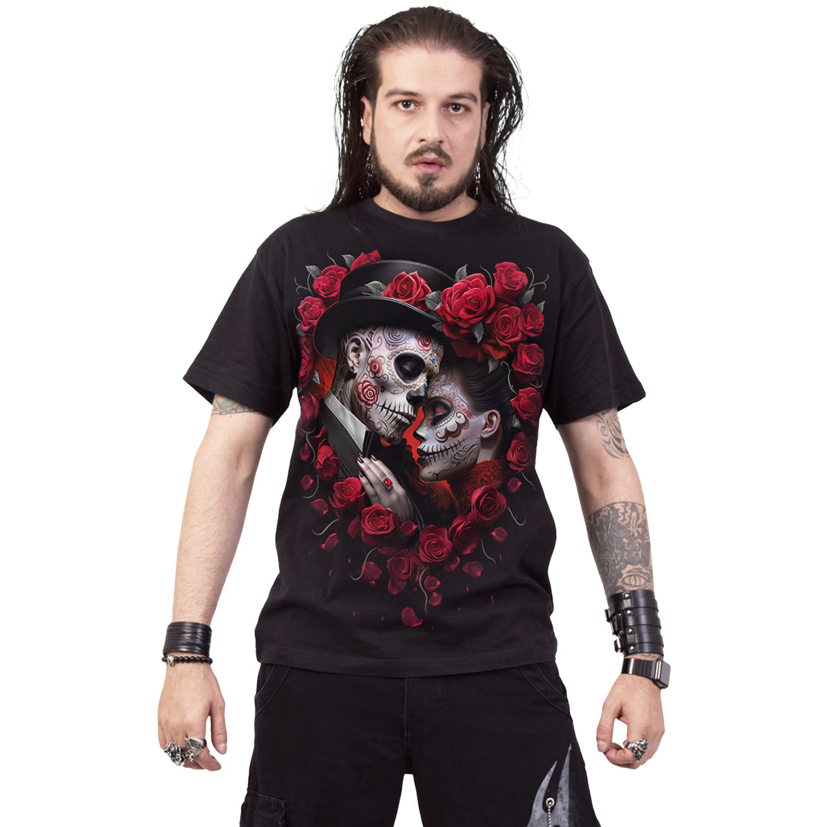 Male model wearing Be Mine gothic  Front Print T-Shirt in Black by Spiral Clothing