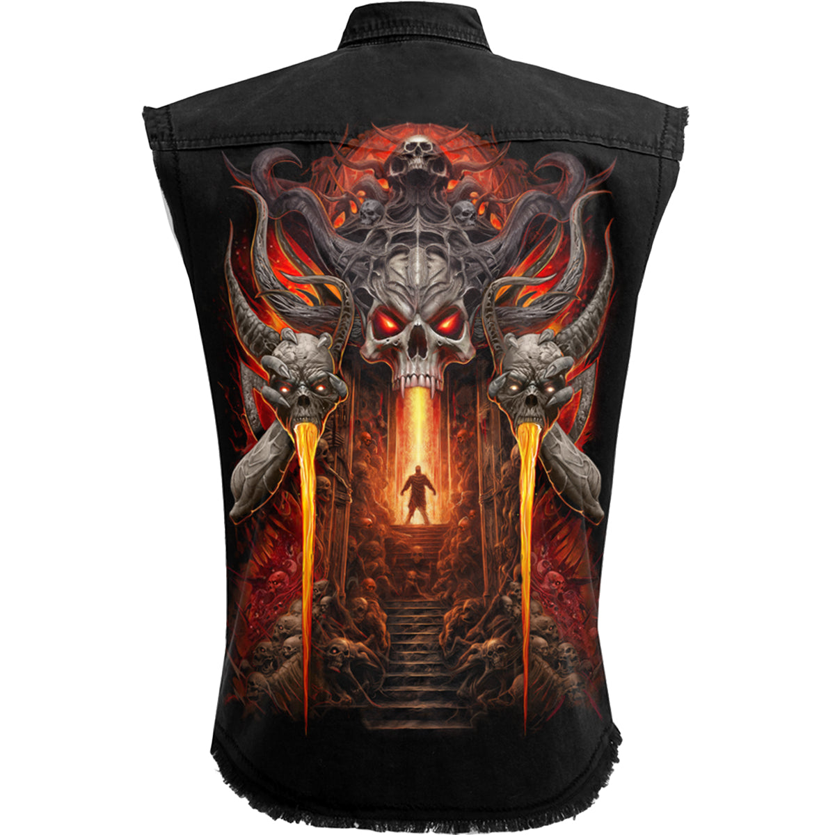Back view of Gates Of Hell gothic  Sleeveless Stone Washed Worker Shirt in Black by Spiral Clothing