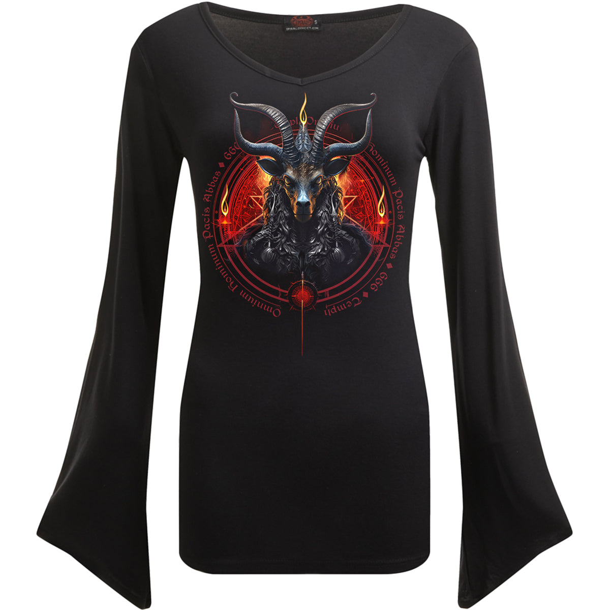 Baphomet gothic Women's V Neck Goth Sleeve Top in Black by Spiral Clothing - Front view