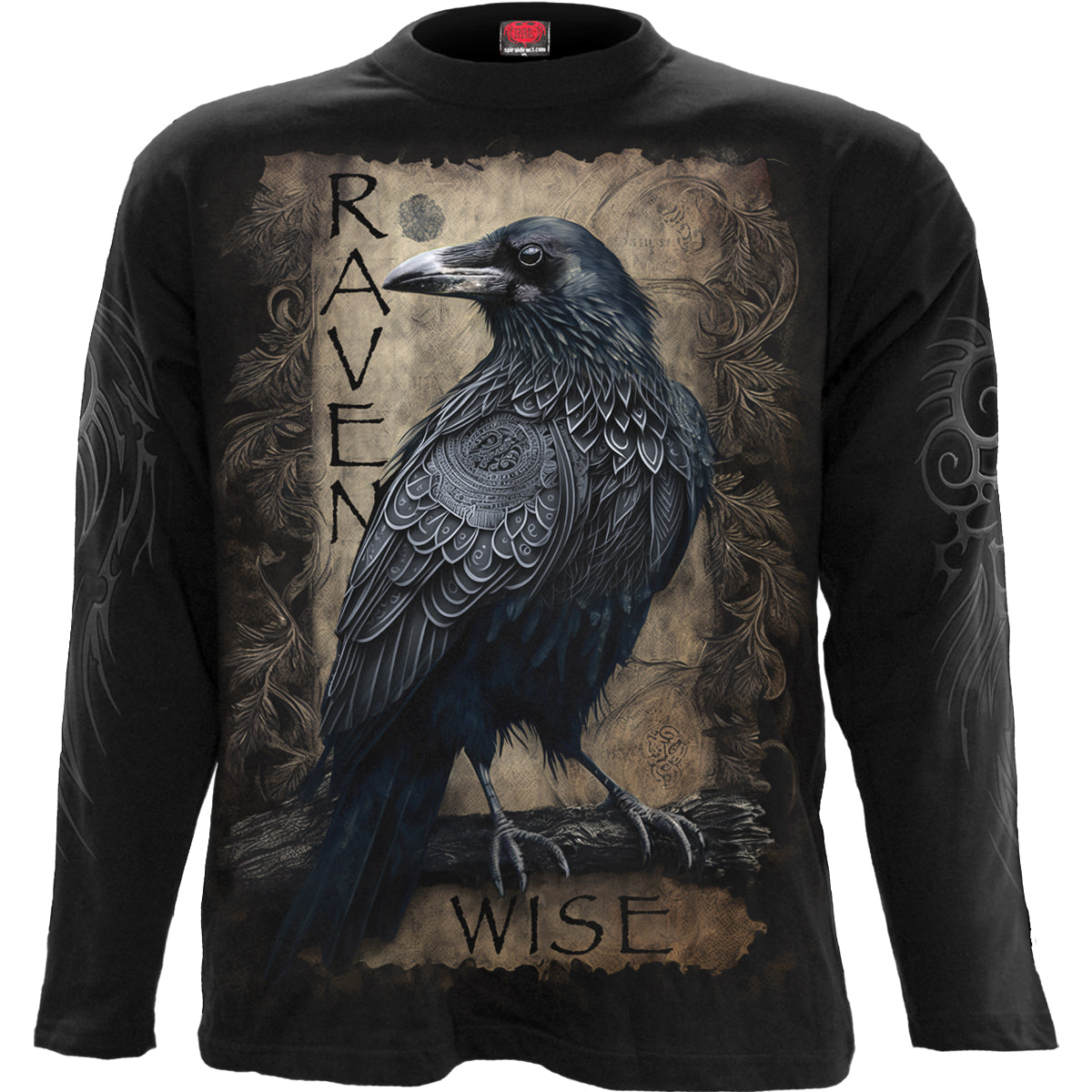 Raven Wise gothic Men's Longsleeve T-Shirt in Black by Spiral Clothing - Front view