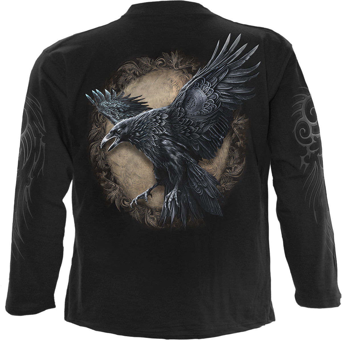 Back view of Raven Wise gothic  Longsleeve T-Shirt in Black by Spiral Clothing