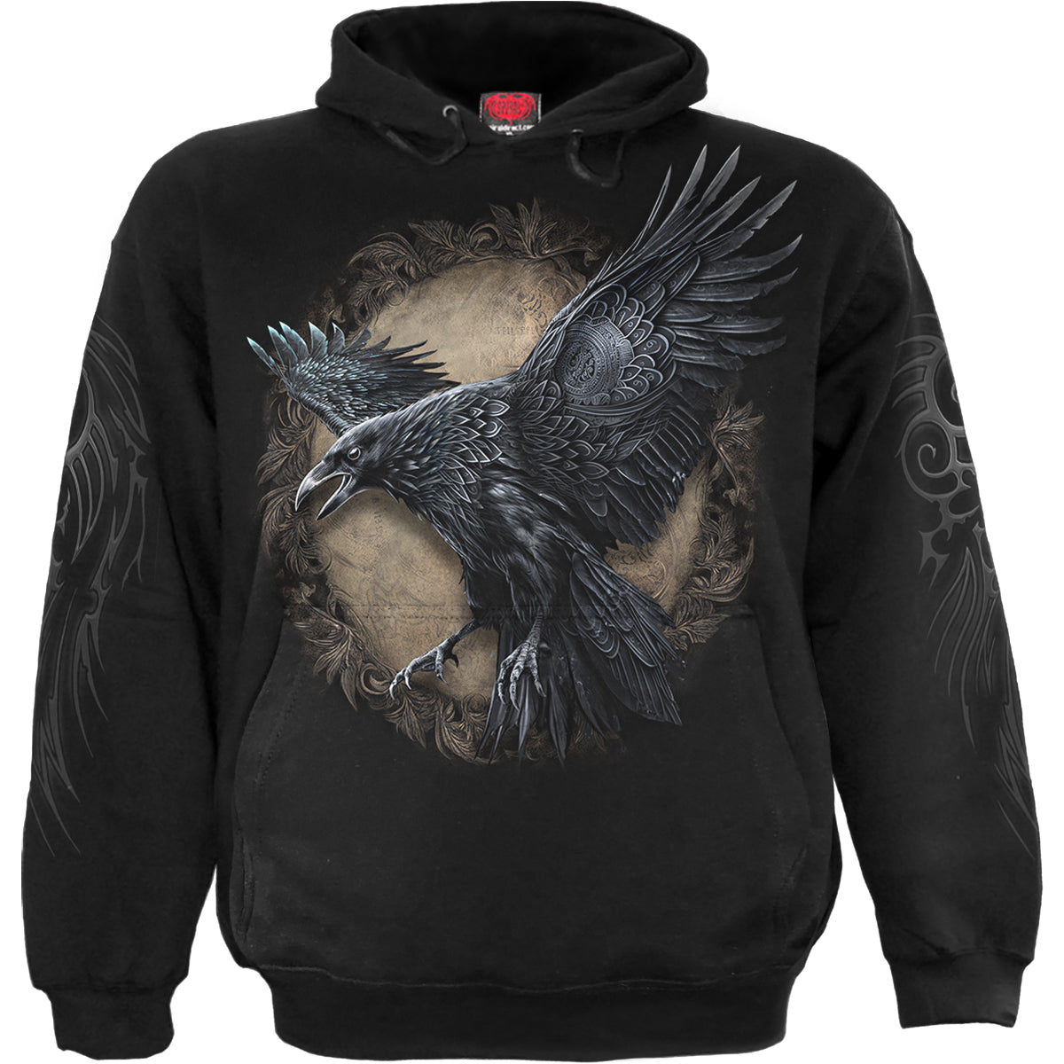 Raven Wise gothic Men's Hoody in Black by Spiral Clothing - Front view