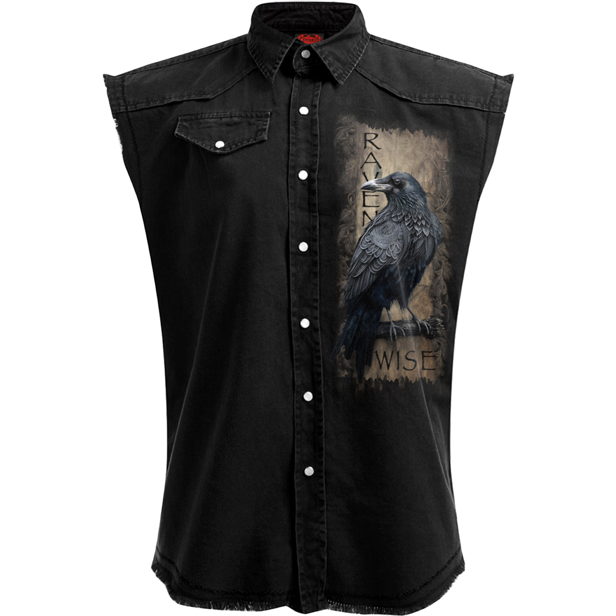 Raven Wise gothic Men's Sleeveless Stone Washed Worker Shirt in Black by Spiral Clothing - Front view