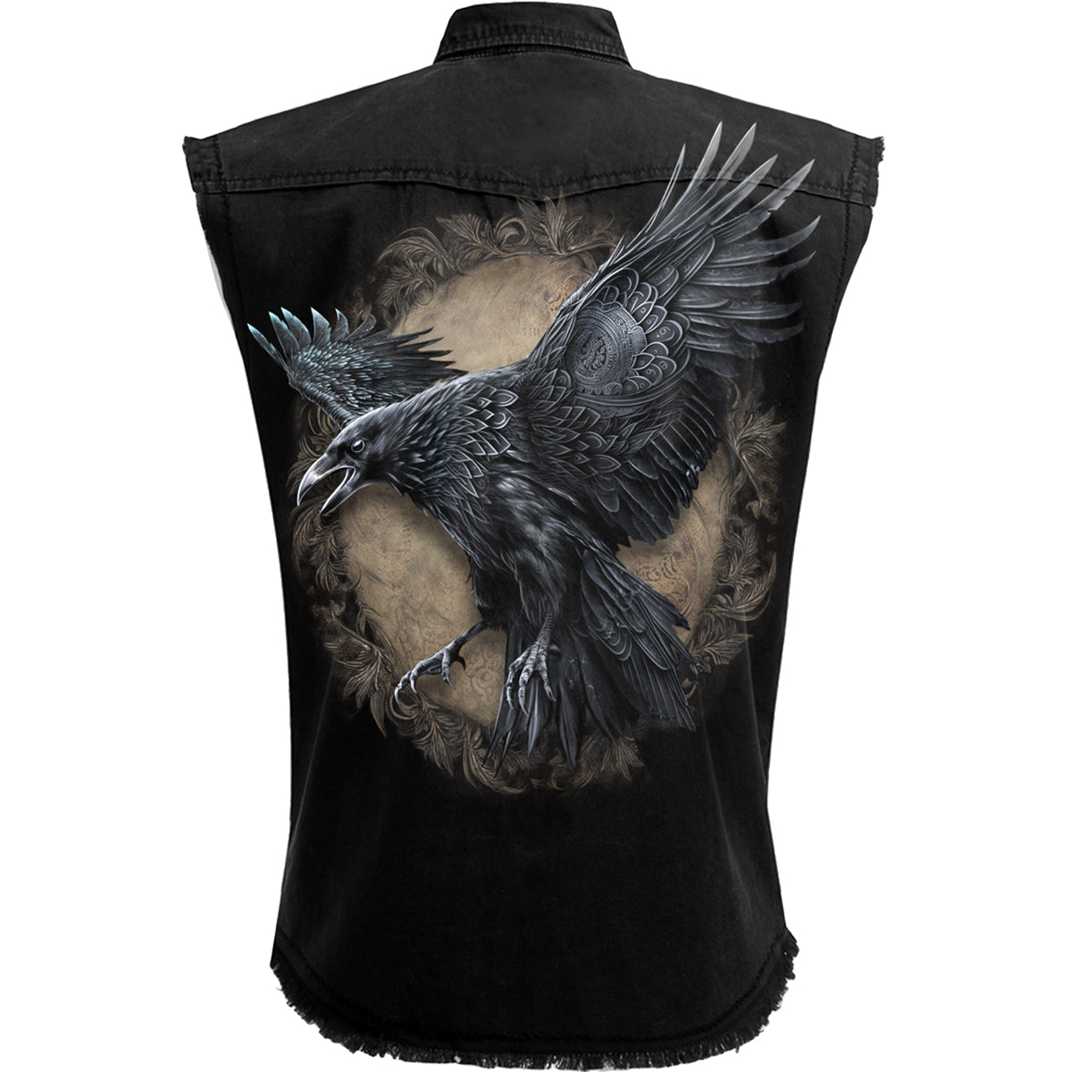 Back view of Raven Wise gothic  Sleeveless Stone Washed Worker Shirt in Black by Spiral Clothing