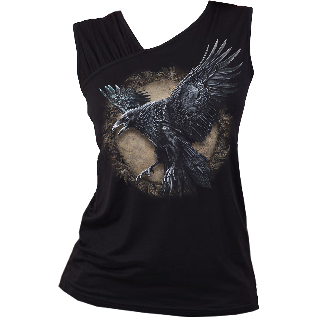 Raven Wise - Wings gothic Women's Gathered Shoulder Slant Vest in Black by Spiral Clothing - Front view