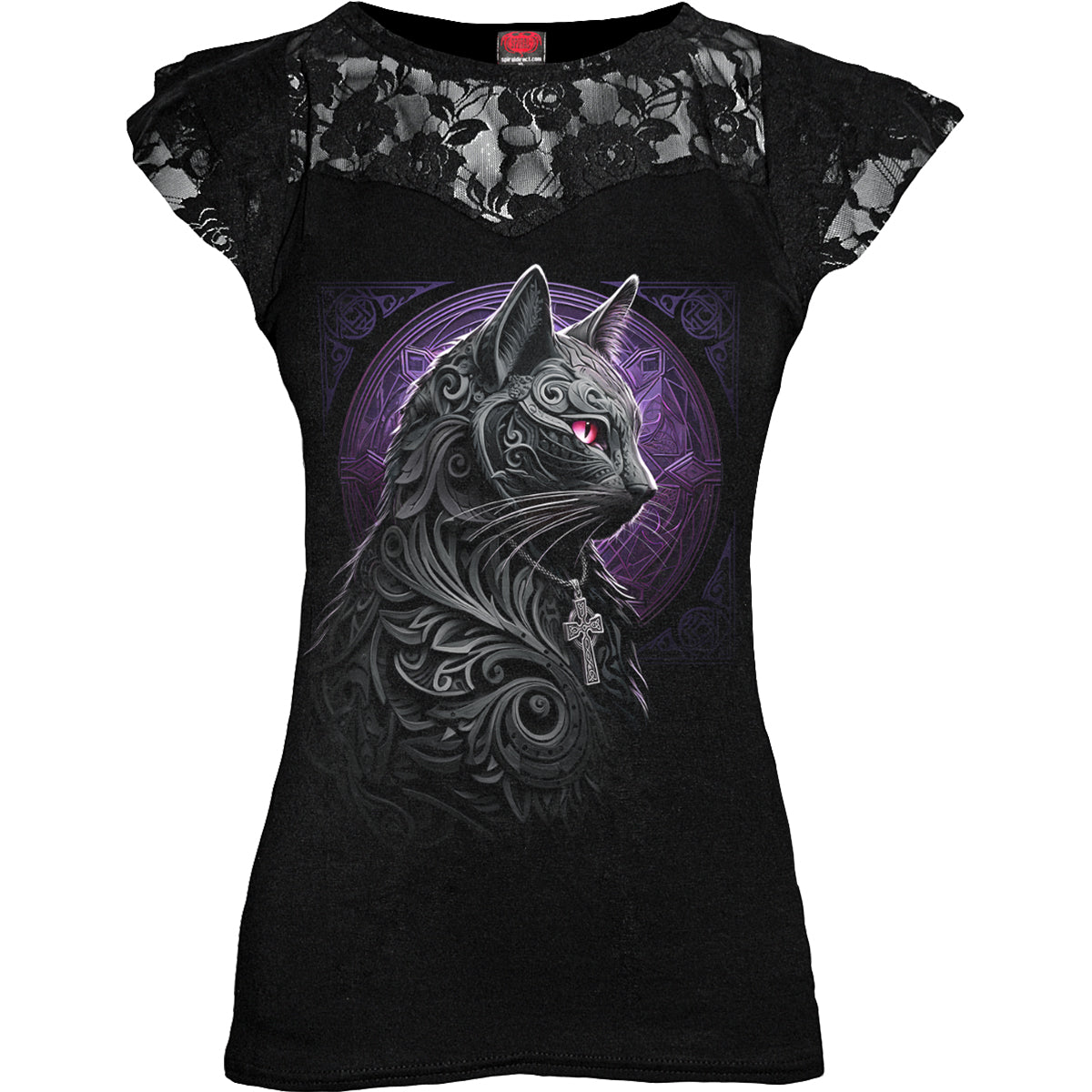 Celtic Whiskers gothic Women's Lace Layered Cap Sleeve Top in Black by Spiral Clothing - Front view