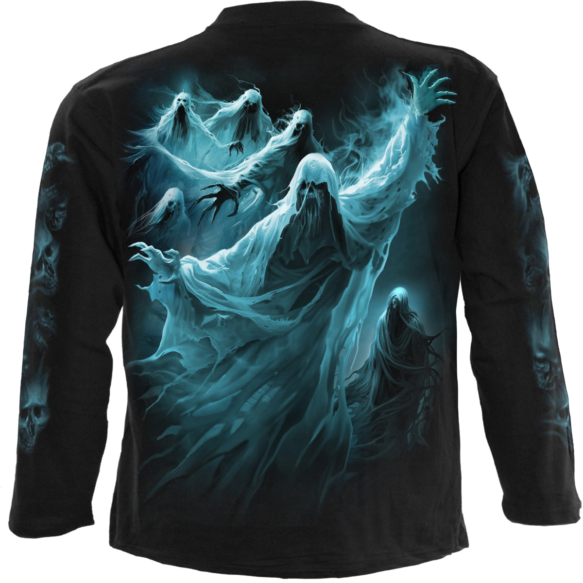 Back view of Ghost Skull gothic  Longsleeve T-Shirt in Black by Spiral Clothing