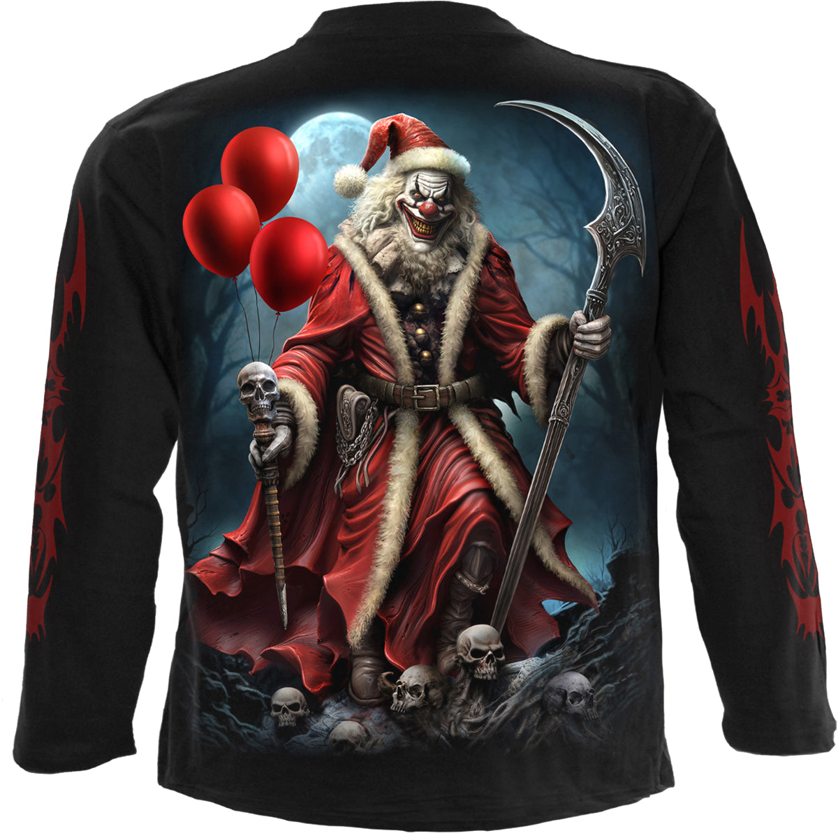 Back view of Santa Clown gothic  Longsleeve T-Shirt in Black by Spiral Clothing
