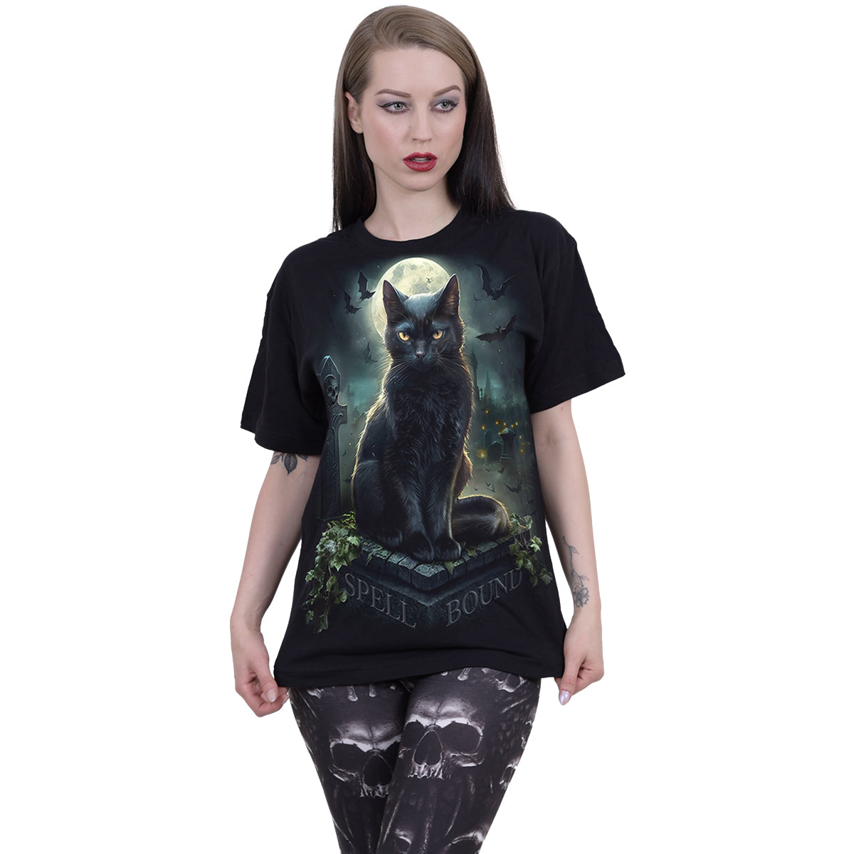 Male model wearing Spell Bound gothic  Front Print T-Shirt in Black by Spiral Clothing